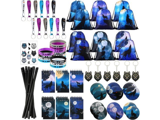 Zhanmai 102 Pcs Wolf Party Favors with Cool Wolf Bags Keychains Button Pins Mini Notebooks Rubber Bracelet Galaxy Pencils for Themed Birthday Party...