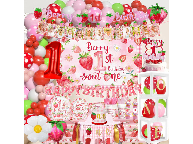 Strawberry first Birthday Decorations for Girls Berry Sweet One Strawberry 1st Birthday Decor Party Supplies include Photo Banner Highchair Banner...