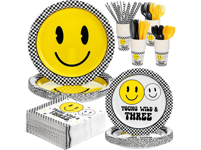 SiliFine 344 Pcs Birthday Decorations Birthday Party Supplies Serve 24, Paper Plates Cups Napkins Knife Fork Spoon Straw Tableware for 2nd 3rd