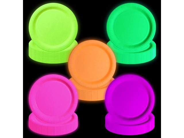 100 Pcs Glow in the Dark Neon Party Supplies, 5 Color Neon Birthday Plates Disposable Paper Plates for Let's Glow Party Decorations Halloween, 9 x...