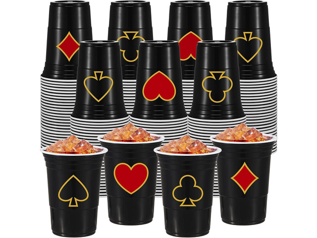 Ziliny 100 Pack Casino Party Cups 16 oz Poker Theme Disposable Plastic Cups for Hot Cold Drinks Game Themed Birthday Party(Casino)