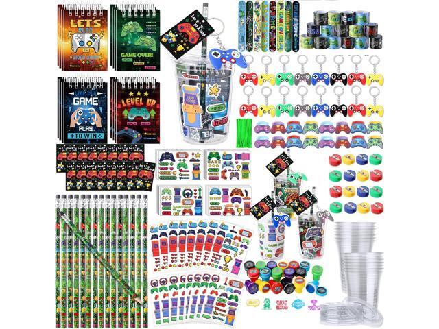 RoundFunny 265 Pcs Video Game Party Favors Gamer Birthday Party Decorations Gamer Cups Notebook Pencils Sharpener Keychain Slap Bracelets Ring...