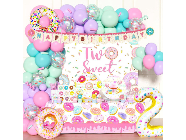 Hombae Two Sweet Birthday Party Decorations, Donut 2nd Party Supplies, Backdrop Balloon Banner Tablecloth Tableware with Plates Napkins Cups Straws...