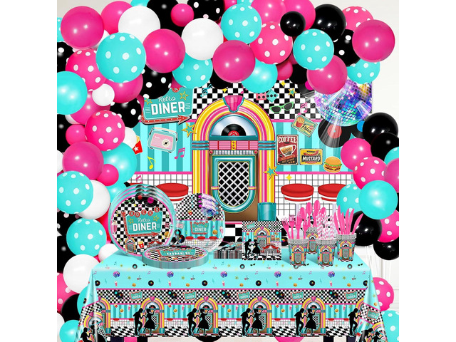 50s Party Decorations 280 PCS 1950s Retro Diner Decorations Sock Hop Backdrop Balloons Plates Napkins Cups Tablecloth Grease Music Party Supplies...