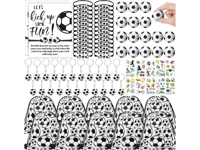 Equsion 144 Pcs Soccer Party Favors Drawstring Bags with Adjustable Bracelets Stress Balls Keychains Stickers and Wish Cards for Birthday Gifts...