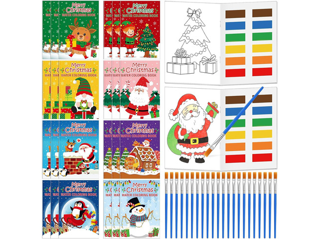 Kosiz 24 Pack Christmas Water Coloring Books Xmas Party Favors for Kids Christmas Watercolor Painting Books with Brushes for Xmas Winter Holiday...