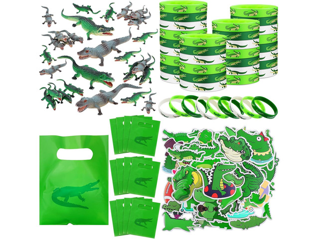 Leyndo 122 Pcs Crocodile Party Favors Gift Set Alligator Reptile Decorations Crocodile Silicone Wristbands Bracelet Stickers Toy Bag Gifts for...