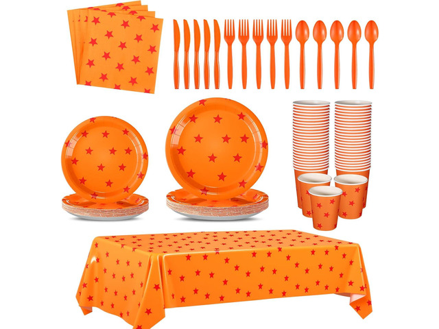 Oudain 170 Pcs Anime Tableware Set Anime Theme Party Supplies 24 Sets Yellow and Red Stars Print Disposable Plates Napkin Cup Fork Knife Spoon...