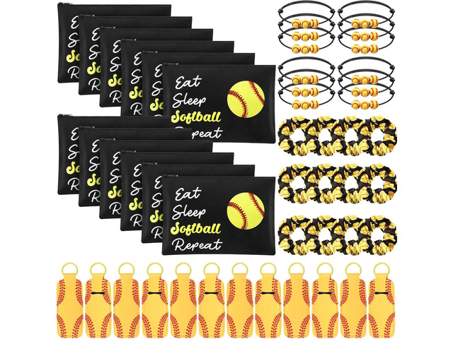 48 Pcs Softball Party Gifts for Team Women Favors Softball Makeup Bags Lipstick Holder Keychain Scrunchie Charm Bracelet Women Team Party Decor...