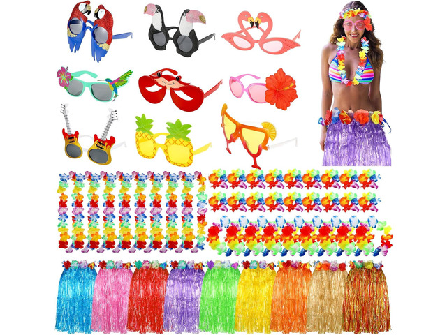 54 Pcs/ 9 Sets Luau Party Decorations Hawaiian Glasses Grass Skirts Leis for Tropical Beach Hawaii Party Supplies Women Men Costume Accessories