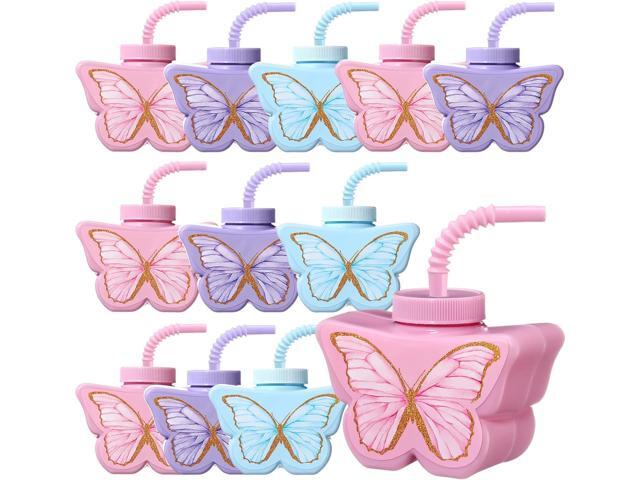Mifoci 12 Pcs Butterfly Shape Cups Bulk, 10 oz Plastic Butterfly Themed Drinking Cups Pink and Purple Tea Party Supplies Fairy Birthday Party...