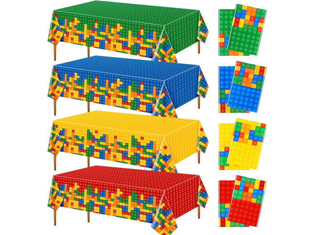 Oudain 8 Pcs Building Block Tablecloths - Colorful Birthday Party Decorations, 54 x 108 Inch Disposable Plastic Brick Table Cover, Waterproof...