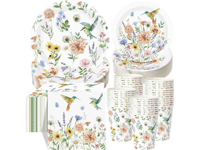 Pickmesh 250 Pcs Spring Wildflower Decoration Floral Hummingbird Themed Disposable Paper Plates Napkins and Cups Dinner Tableware for Birthday...