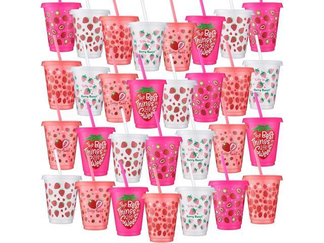 Sieral 30 Pcs Strawberry Cups with Straws and Lids 16 oz Cute Strawberry Cups Pink Clear Plastic Tumblers Reusable Iced Coffee Travel Mug for Sport...