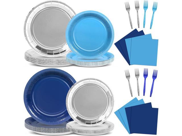 96Pcs Navy Blue and Silver Birthday Party Decorations Blue and Silver Paper Plates and Napkins Sets Navy Tablewares Dinnerwares for Men and Boys...