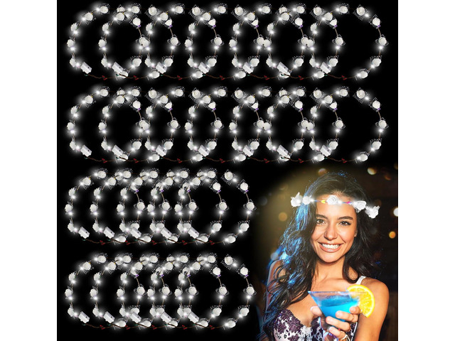 White LED Flower Crown,24PCS Light Up Flower Headband for Women,Glow in The Dark Flower Wreath Crowns for Weddings,Brides,July...