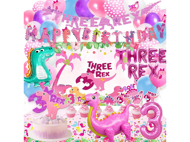 Dino Rex Three Girls Birthday Party Decorations, Pink Dinosaur Supplies