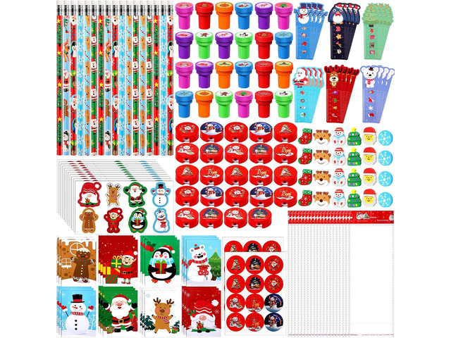 Cholemy 216 Pcs Christmas Party Supplies Includes Snowman Rulers Erasers Notebooks Stamps Treat Bags Stickers Sharpeners for Prizes Holiday...