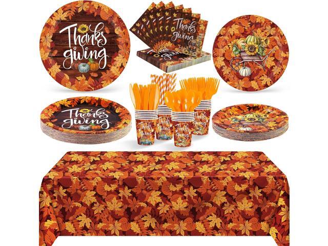 Ruisita 194 Pieces Fall Party Dinnerware Set Thanksgiving Maple Leaves Dinnerware Set Include Paper Plates Cups Cutlery Napkins Tablecloth for Fall...