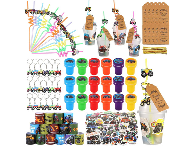 Kolewo4ever 244 Pieces Monster Truck Party Gifts Set Monster Truck Party Supplies Jam Birthday Decorations with Cup Straw Keychain Sticker Thank...