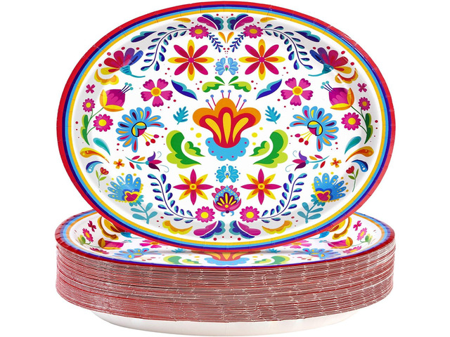 50Pcs Mexican Fiesta Oval Paper Plates 10' x 12' Large Disposable Heavy Duty Colorful Mandala Floral Party Plates Cinco De Mayo Dessert Platters...