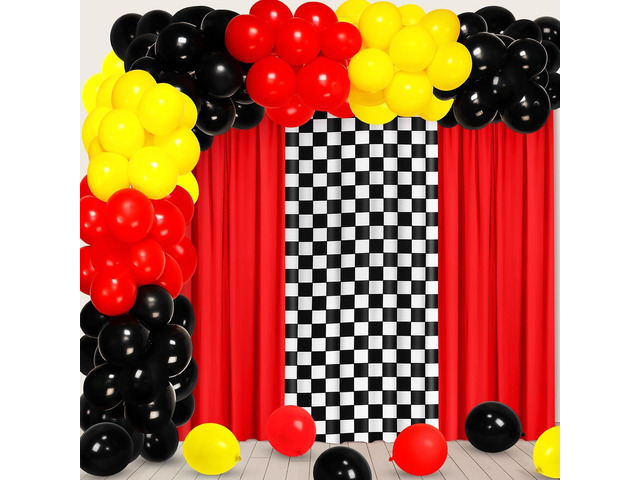 SmoothNovelty 57 Pcs Race Party Decorations 2 Red and 1 Black and White Grid Curtains 50 Car Theme Balloons with Accessories for Cars Theme...