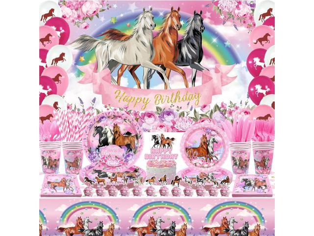 Pink Horse Party Supplies for Girl, 159 Pcs Horse Themed Decorations Include Happy Birthday Backdrop Paper Plates Napkins Cups Balloons Cake...