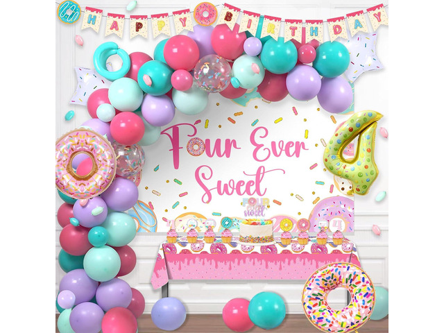 Four Ever Sweet Birthday Decorations 116 PCs Girl Donut 4th Birthday Party Supplies with Four Ever Sweet Backdrop, Pink Donut Tablecloth, Colorful...