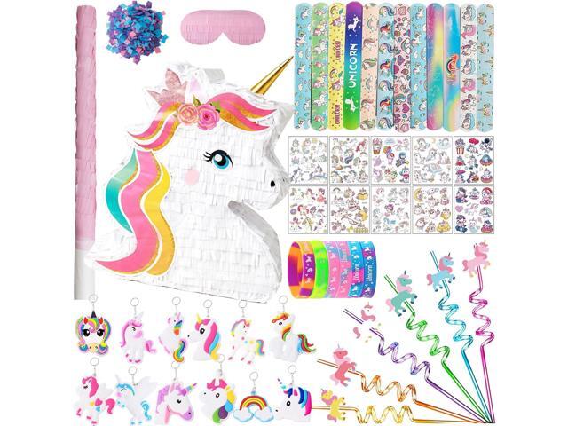 Unicorn Pinata Party Favors for Girl Birthday Party Supplies with Unicorn Pinata Stickers Slap Bracelets Keychains Silicone Bands and Straws (White)