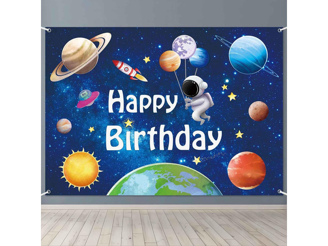 8x6ft Space Astronaut Happy Birthday Banner Backdrop Large Solar System Planets Rocket Photography Background for Boys Outer Space Theme Birthday...
