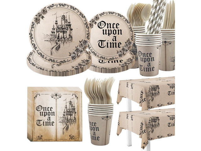 AIBIIN Fairytale Party Decorations Once Upon a Time Birthday Party Supplies Dinnerware Tableware Set Castle Opening Book Paper Plates Supplies for...