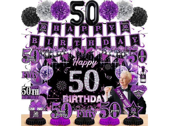 Purple 50th Birthday Decorations Kit for Women Men Purple Black 50th Birthday Banner 50th Birthday Balloons Honeycomb Centerpiece Swirls Paper...