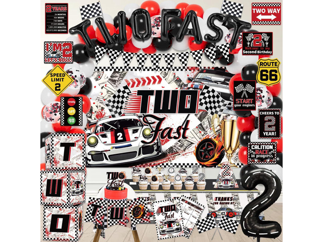 LXlucktim Two Fast Birthday Decorations, 125 Pcs Race Car Second 2nd Birthday Party Supplies for Boys Baby - Banner, Cake Toppers, Balloons,...