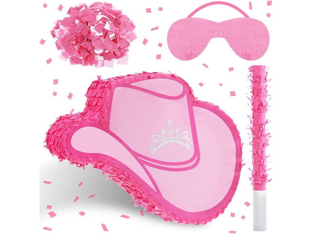 Jexine Cowgirl Hat Piñata Bundle with a Blindfold and Bat Birthday Piñatas for Western Cowboy Theme Birthday Party Favors Photo Prop Candy Holder...