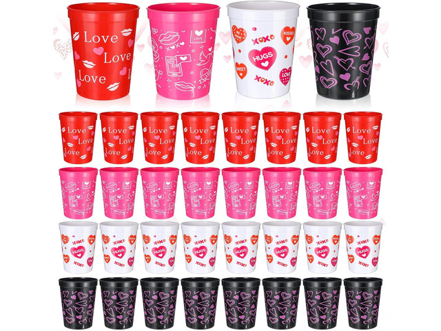Meanplan 48 Pcs Valentines Plastic Cups Heart Reusable Cups 16 oz Valentines Cups for Holiday Party Supplies(16oz,Charming)