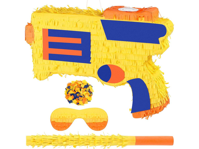 Sosation Gun Piñata Large Dart Theme Birthday Party Supplies Gun Shape Piñata with Wooden Stick Paper Blindfold Confetti Set for Kids Boys Girls...