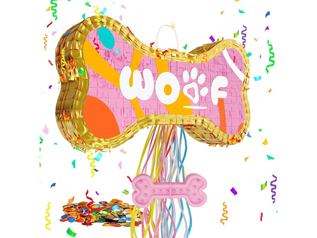 Dog Bone Pinata for Puppy Birthday Party Decorations, Pull String Pinata for Dog Themed Party Supplies, Golden and Pink Bones (16.5 x 9 x 3 inches)