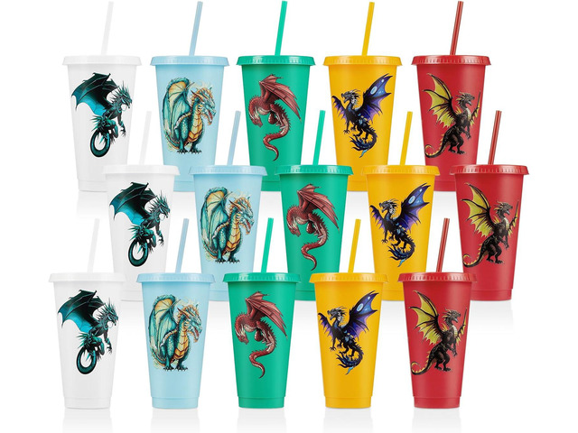 15 Pcs Dragon Party Favor Western Party Cups with Lid Straw 24 oz Plastic Drink Cups Reusable Bulk Tumblers for Fantasy Dragon Theme Party Supplies...