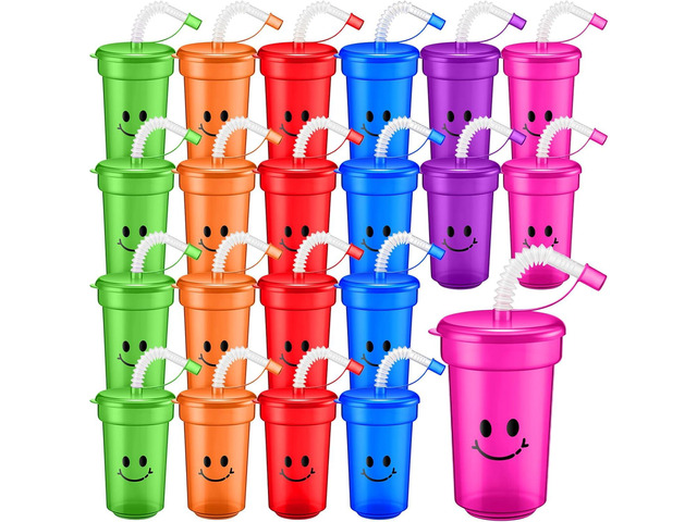Mumufy Kids 12 oz Neon Cups Bulk Laugh Face Neon Colorful Plastic Cups Reusable Summer Birthday Supplies Kids End of the Year Present for...