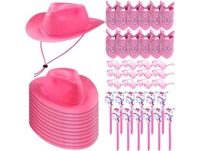 Xtinmee 48 Pcs Kids Cowboy Party Favor with Cowboy Hats Inflatable Stick Horses Bandanas Heart Glasses for Kid Costume(Pink)