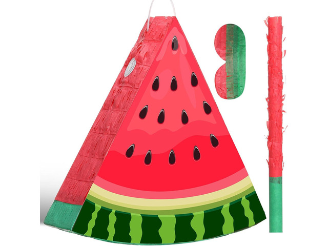 Aoriher Small Watermelon Piñata with Blindfold Bat Fruit Piñata Summer Decorations for Birthday Party Summer Theme Party Game Supplies, 12.6 x 13 x 3