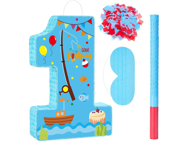 Lewtemi Fishing Number 1 Piñata for 1nd Birthday Party Decorations Birthday Piñata with Stick Eye Mask Baby Shower Decorations Party Supplies
