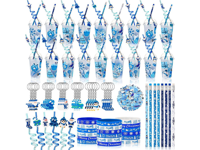 Seenelling 24 Set Winter Holiday Stationery Party Favors for Students Xmas Gift Cups Filler with Keychain Pencil Straw Silicone Bracelet for...