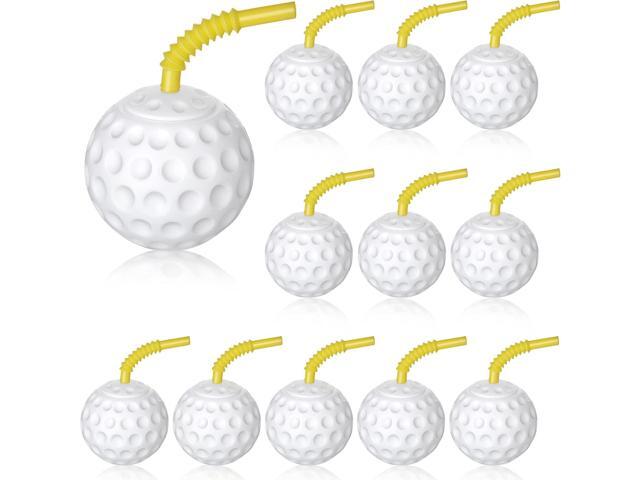 Golf Ball Cups with Lid and Straw - 14 oz Plastic Party Favors, Shaped Decorations for Drinking, Themed Parties (12)