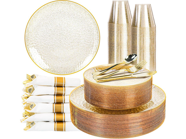 HOMIP 350 PCS Plastic Dinnerware Set (50 Guests), Clear Party Plates Include 50 Dinner Plate, 50 Dessert Plate, 50 Cups, 50 Gold Cutlery Set And...