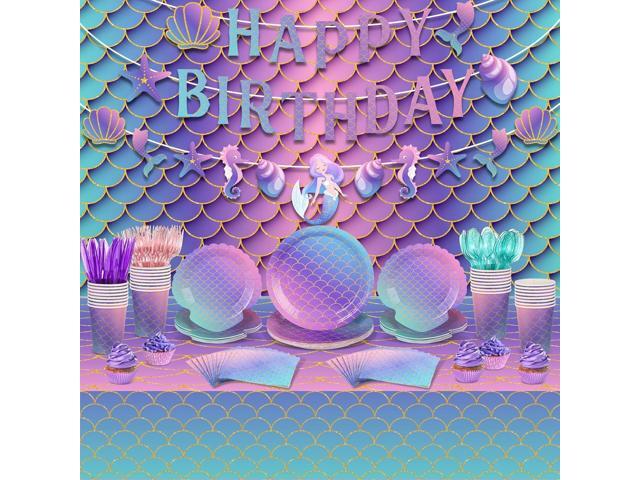 Roshtia 172 Pcs Mermaid Birthday Party Supplies Serve 24 Under the Sea Plates Napkins Pink Purple Happy Birthday Banner Backdrop Tablecloth Cutlery...