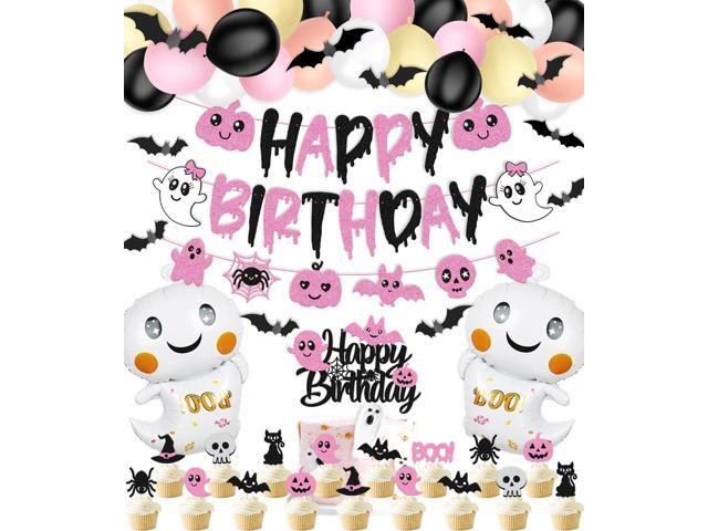 67 Pcs Halloween Birthday Decorations Pink Black Birthday Banner Cake Topper Cupcake decoration Bat Wall Stickers Halloween Theme Balloons Happy...