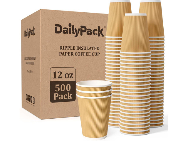 500 Pack 12 oz Coffee Cups, Insulated Ripple Wall Hot Coffee Cups for Home, Office, Hotel, Meetings, Parties
