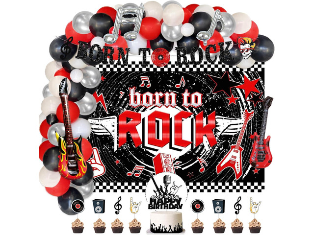 95 PCs Rock and Roll Party Decorations, Hombae Rock Music Themed Birthday Party Supplies Born to Rock Backdrop Balloon Garland Glitter Banner Cake...