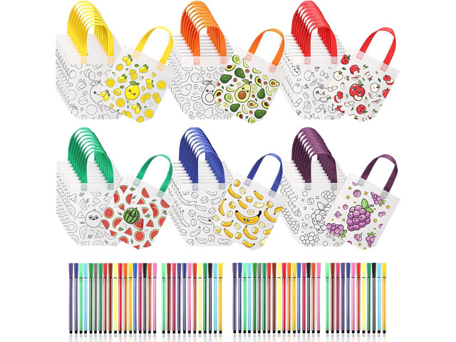54 Pcs Fruit Coloring Goodie Bags with 60 Pcs Colorful Markers Non Woven Coloring Color Your Own Reusable Party Favor Bags for Holiday DIY...